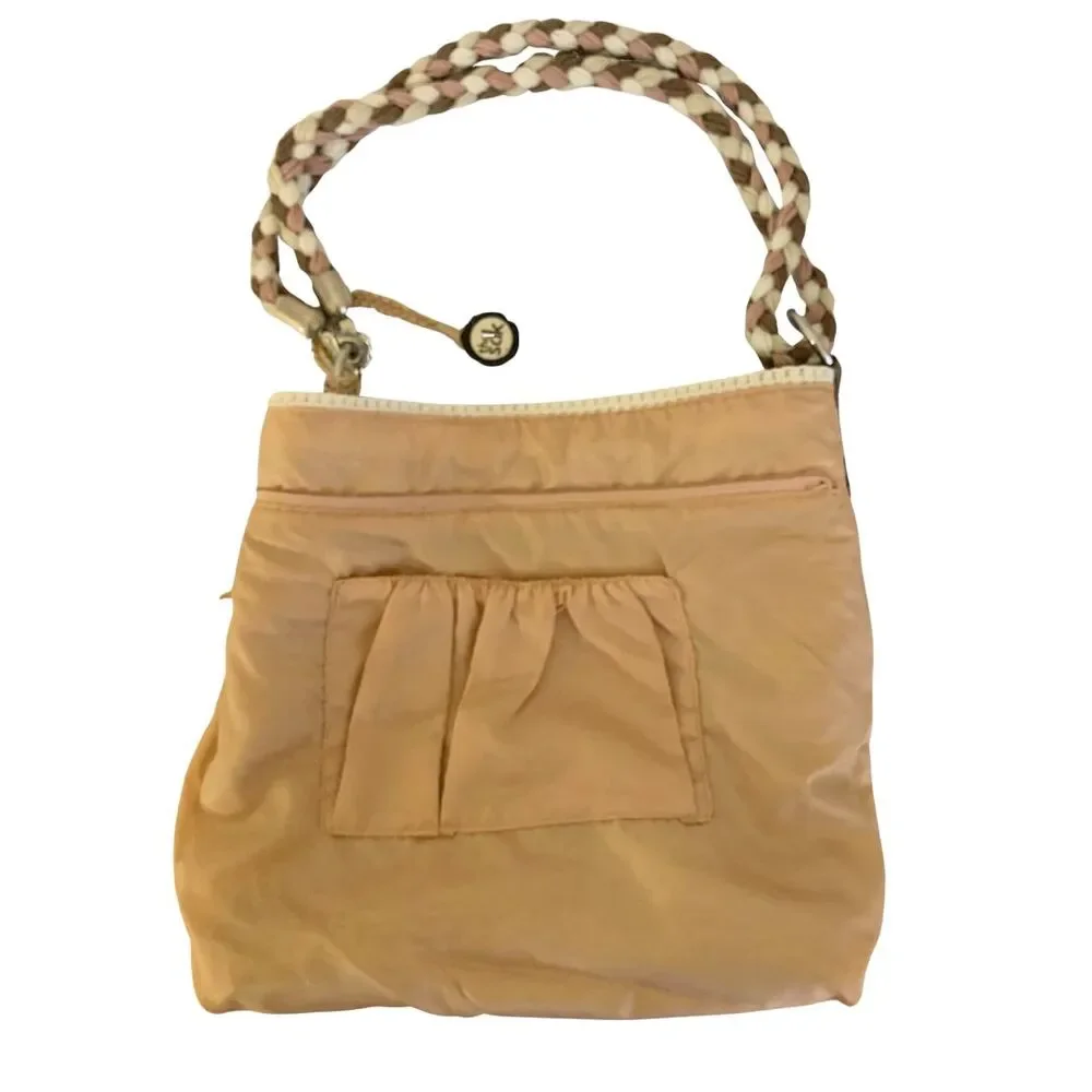 The Sak Woven Crochet Shoulder / Crossbody Bag Tan & Pink Braided Strap